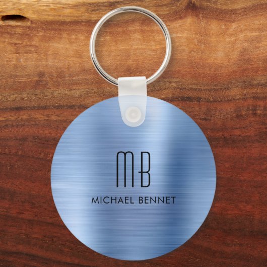 Monogram blauw faux geborsteld metaal sleutelhanger (Achterkant)