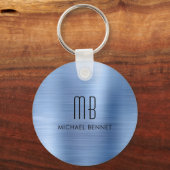 Monogram blauw faux geborsteld metaal sleutelhanger (Voorkant)