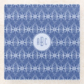 Monogram blauw fietspatroon glazen onderzetter (Voorkant)