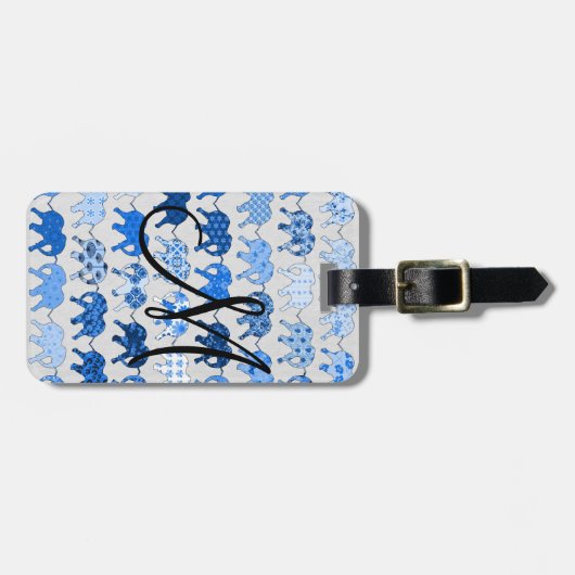 Monogram blauw Floral Pattern Elephants Bagagelabel (Voorkant horizontaal)