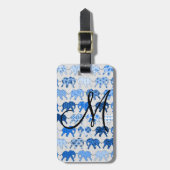 Monogram blauw Floral Pattern Elephants Bagagelabel (Voorkant verticaal)