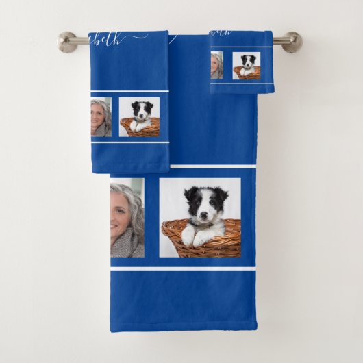 Monogram blauw fotocollage bad handdoek (Insitu)