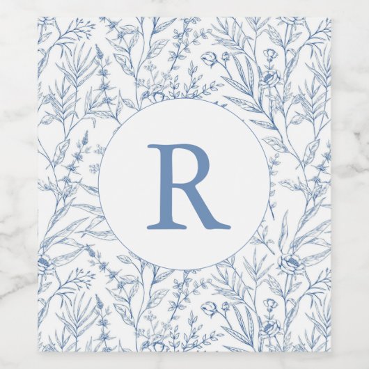 Monogram Blauw Frans Bloemen Toile Wijn Label Wijn Etiket (Enkel label)