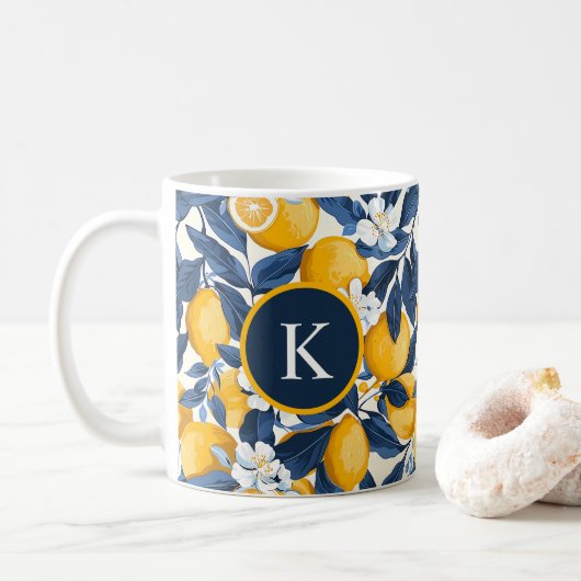 Monogram Blauw Geel Citrus Citrus Koffiemok (Met donut)