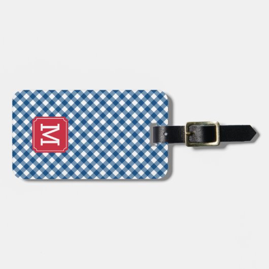 Monogram blauw Gingham en rood Bagagelabel (Voorkant horizontaal)