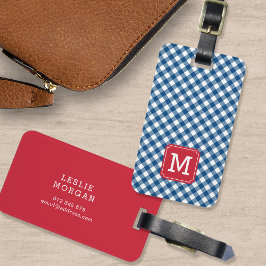 Monogram blauw Gingham en rood Bagagelabel