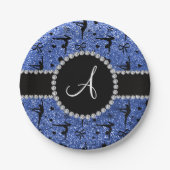 Monogram blauw glitter gymnastiek harten papieren bordje (Voorkant)