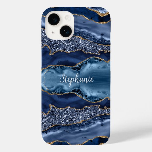 Monogram Blauw Goud Agaat Marmer Glitter Case-Mate iPhone Case (Achterkant)
