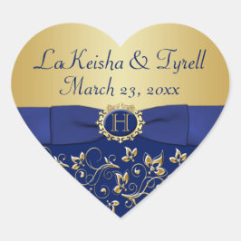 Monogram Blauw, Goud Bloemen Bruiloft Favor Sticke Hart Sticker