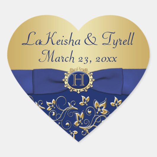 Monogram Blauw, Goud Bloemen Bruiloft Favor Sticke Hart Sticker (Voorkant)