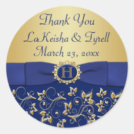 Monogram Blauw, Goud Bloemen Bruiloft Favor Sticke Ronde Sticker