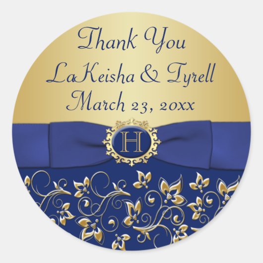 Monogram Blauw, Goud Bloemen Bruiloft Favor Sticke Ronde Sticker (Voorkant)