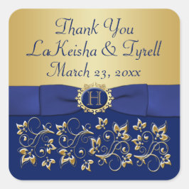Monogram Blauw, Goud Bloemen Bruiloft Favor Sticke Vierkante Sticker