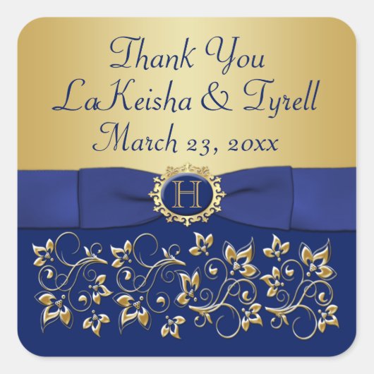 Monogram Blauw, Goud Bloemen Bruiloft Favor Sticke Vierkante Sticker (Voorkant)