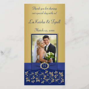 Monogram Blauw, Goud Bloemen Bruiloft Fotokaart Bedankkaart