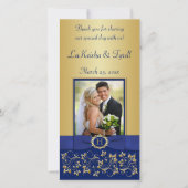 Monogram Blauw, Goud Bloemen Bruiloft Fotokaart Bedankkaart (Voorkant)