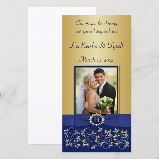 Monogram Blauw, Goud Bloemen Bruiloft Fotokaart Bedankkaart (Voorkant / Achterkant)