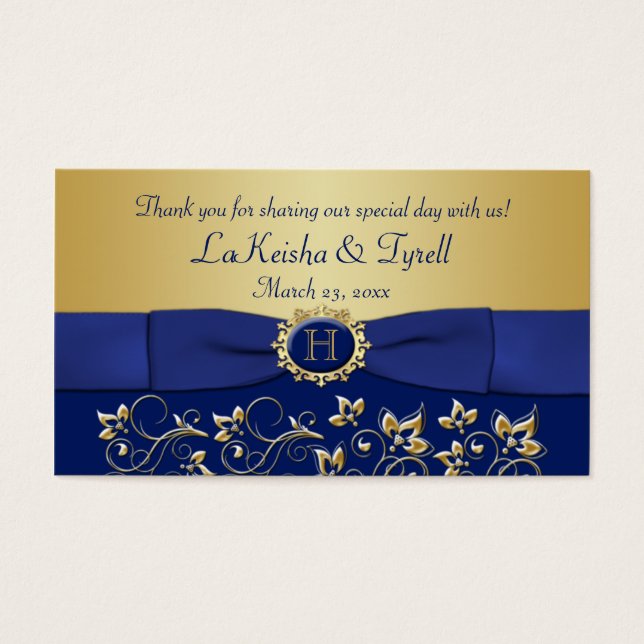 Monogram Blauw Goud Bloemen Favor Dank u Label Visitekaartje (Voorkant)
