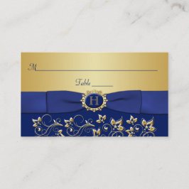 Monogram Blauw Goud Bloemen Plaats Kaart Plaatskaartje