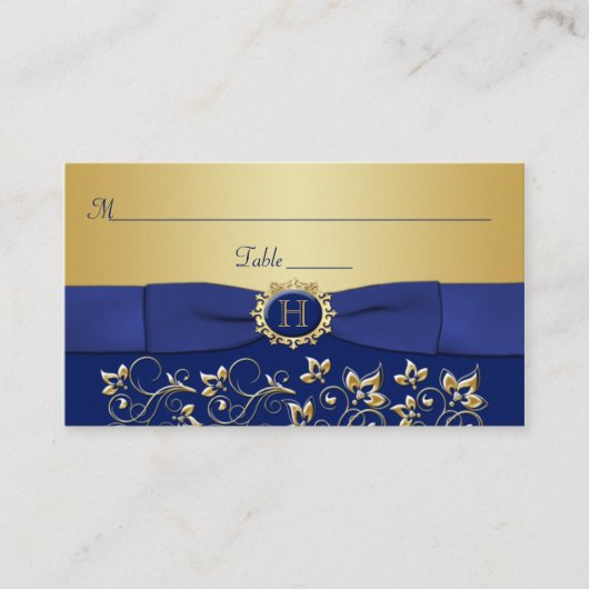 Monogram Blauw Goud Bloemen Plaats Kaart Plaatskaartje (Voorkant)
