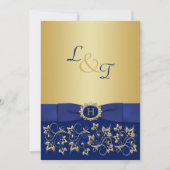 Monogram Blauw, Goud Bloemen Scroll Bruiloft Uitno Kaart (Voorkant)