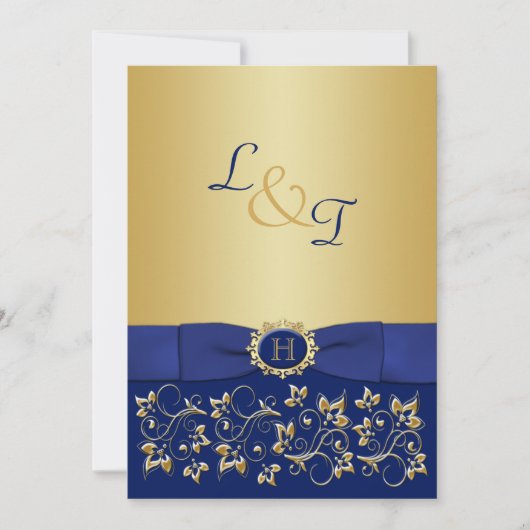 Monogram Blauw, Goud Bloemen Scroll Bruiloft Uitno Kaart (Voorkant)