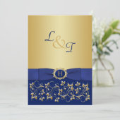 Monogram Blauw, Goud Bloemen Scroll Bruiloft Uitno Kaart (Staand voorkant)