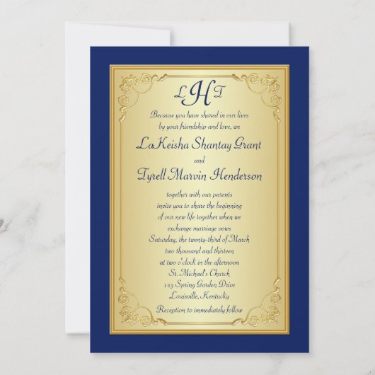 Monogram Blauw, Goud Bloemen Scroll Bruiloft Uitno Kaart (Achterkant)