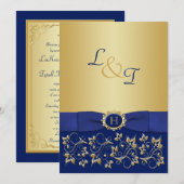 Monogram Blauw, Goud Bloemen Scroll Bruiloft Uitno Kaart (Voorkant / Achterkant)