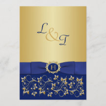 Monogram Blauw, Goud Bloemen Scroll Bruiloft Uitno