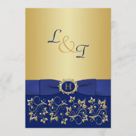 Monogram Blauw, Goud Bloemen Scroll Bruiloft Uitno Kaart
