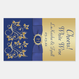 Monogram Blauw, Goud Bloemen Wijn Label Sticker