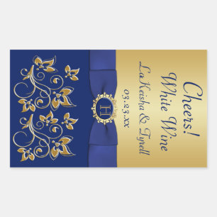 Monogram Blauw, Goud Bloemen Wijn Label Sticker