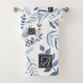 Monogram Blauw Goud Botanische Bladeren Varens Bad Handdoek (Insitu)