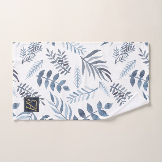 Monogram Blauw Goud Botanische Bladeren Varens Bad Handdoek (Handdoek)