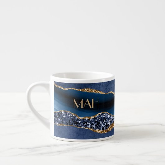 Monogram Blauw Goud Glitter Agate Marmer Expresso Espresso Kop (Links)