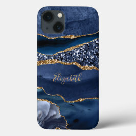 Monogram Blauw Goud Glitter Agate Marmer Trendy Case-Mate iPhone Case