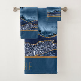 Monogram Blauw Goud Glitter Agate Patroon Trendy Bad Handdoek