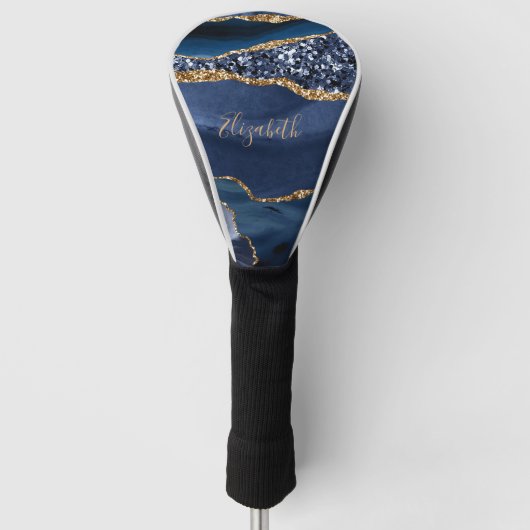Monogram Blauw Goud Glitter Agate Trendy Marmer Golfheadcover (Voorkant)