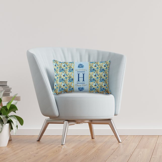  Monogram Blauw Goud Land Roos Happy Place Kussen (Creator heeft geüpload)