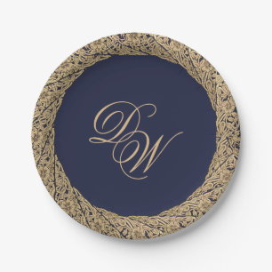 Monogram Blauw Goud Rozen Schrift Vintage Papieren Bordje