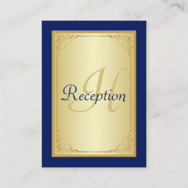Monogram Blauw Goud Scroll Receptie Behuizing Kaar Informatiekaartje