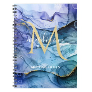 Monogram Blauw & Goud Vloeiende Alcohol Inkt Abstr Notitieboek