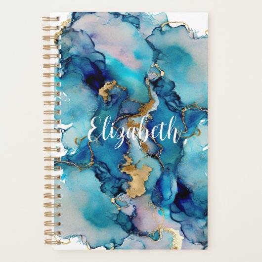 Monogram Blauw Goud Was Abstract Waterverf Planner (Voorkant)