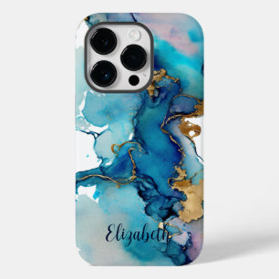 Monogram Blauw Goud Was Gespetterd Waterverf Abstr Case-Mate iPhone 14 Pro Hoesje
