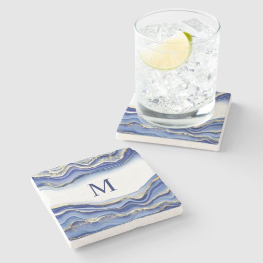 Monogram Blauw Goud Wit Glitters Agate Geode Cadea Stenen Onderzetter (Zijkant)