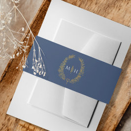 Monogram blauw goud wit ovaal blad uitnodigingen wikkel