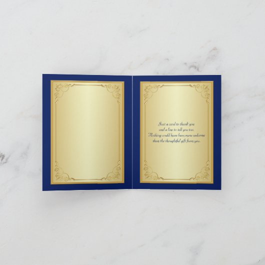 Monogram Blauw, Gouden Bloemen Bedankkaart (Binnen)