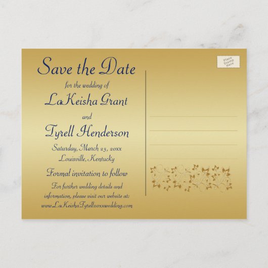 Monogram Blauw, Gouden Bloemen Bewaar de Datum Pos Aankondigingskaart (Achterkant)