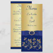 Monogram Blauw, Gouden Bloemen Menu Kaart (Voorkant / Achterkant)